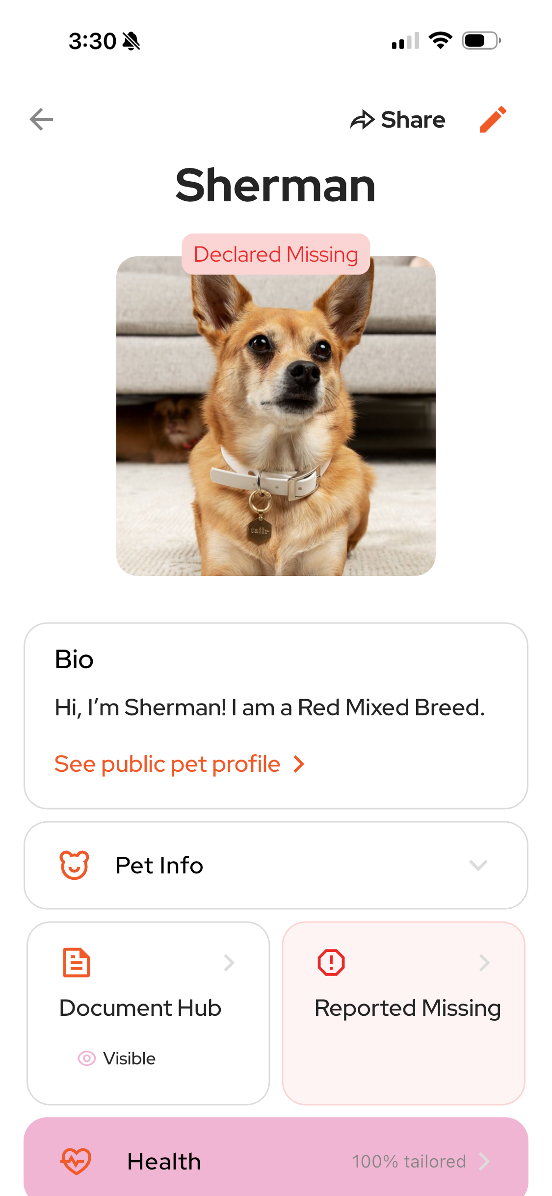 Tailr app pet profile screen